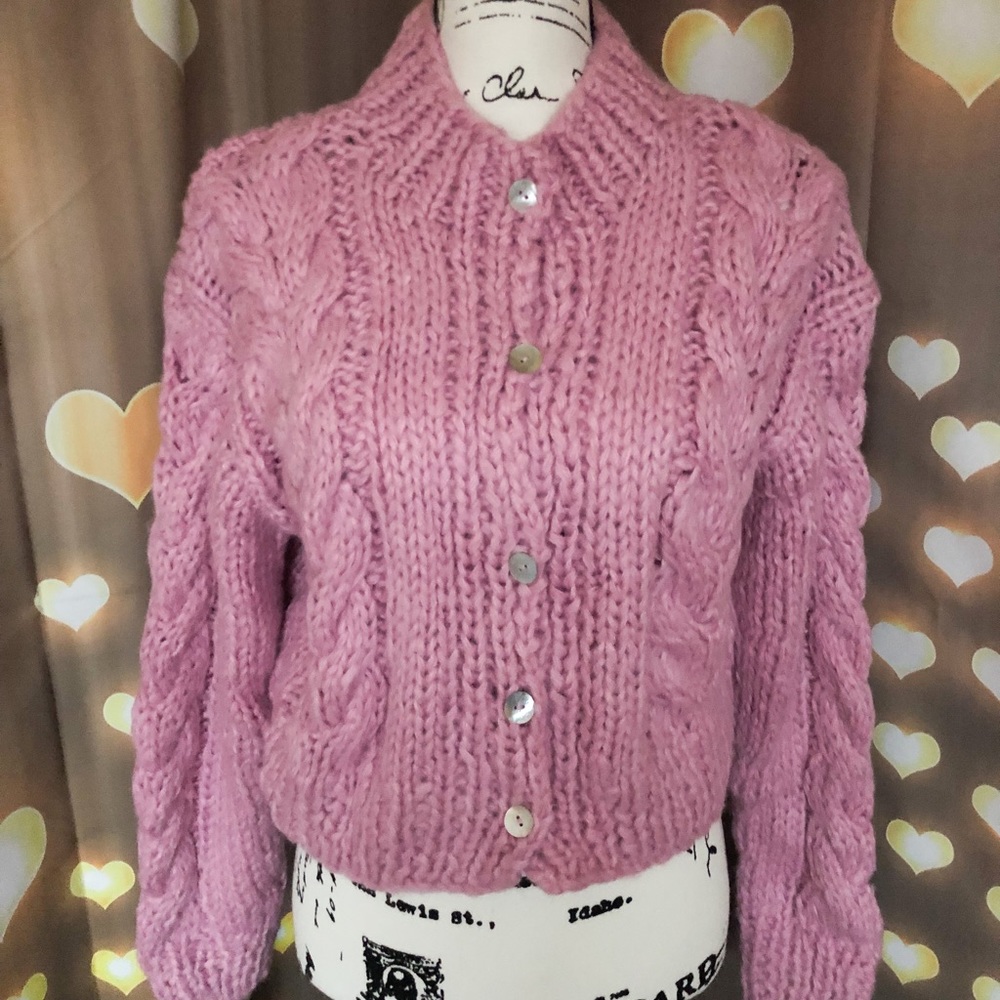 Cable knit sweater cardigan white cream womens twist button purple lilac - Picture 4 of 16